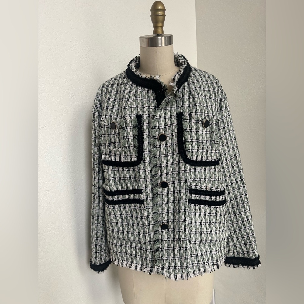 Urban Revivo Women's Black/White/Mint Green Tweed Jacket